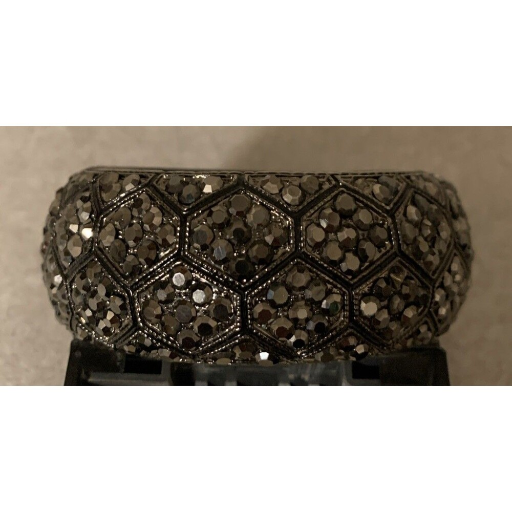Vintage Hinged Bangle Bracelet Wide Black Faceted Faux Marcasite Clamper